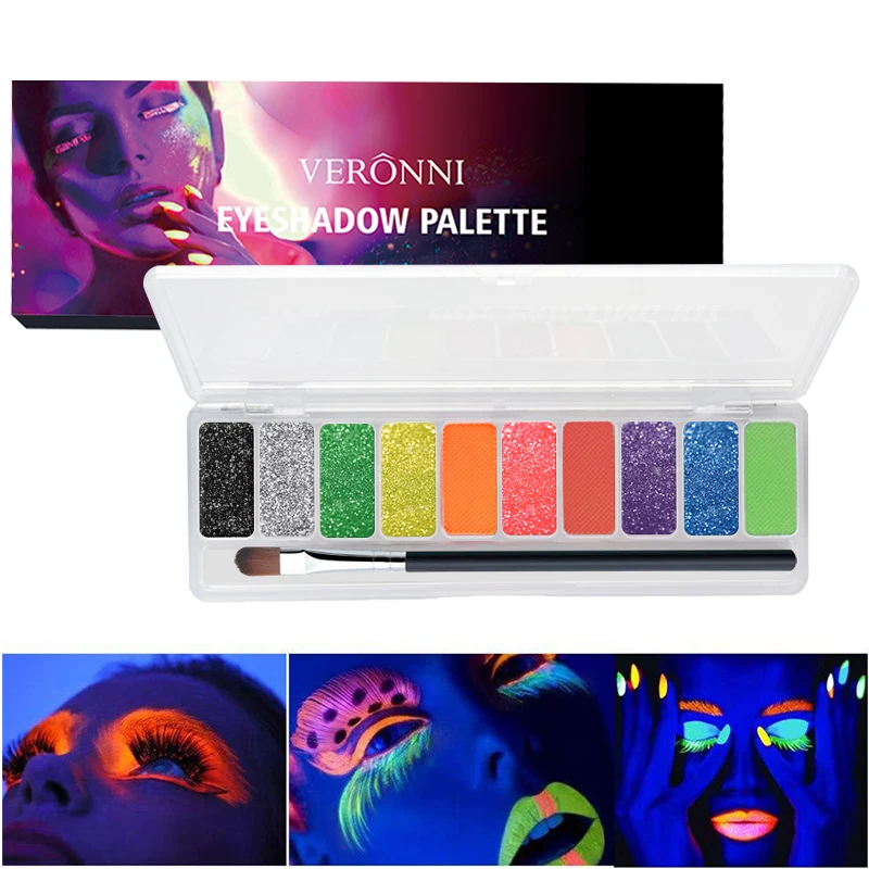 Blacklight UV Glow in Dark Fluorescent Eyeshadow Palette Stage Clubbing Neon Makeup Palette 10Colors Pigment Luminous Eye Shadow