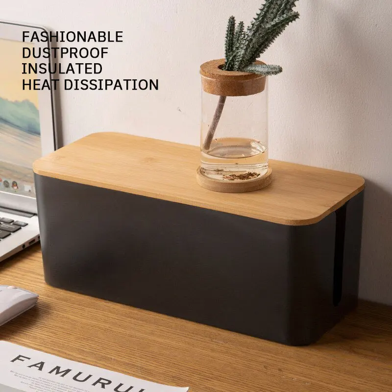 1 PC Wire Storage Box Power Plug Board Wire Boxes Socket Data Cable Junction Box Plastic Storage Box with Bamboo 5