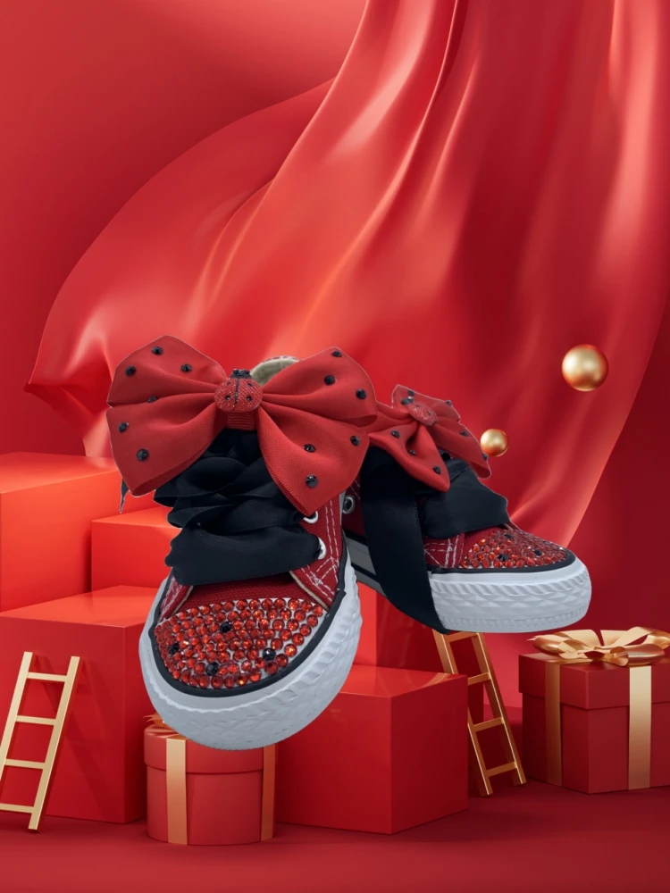 Dollbling Children's Canvas Shoes Handmade Halloween Custom Casual Flats Kids Lady Bug Crystal Girl Boys Red Chritmas Sneakers 6