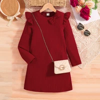 Robe décontractée pour filles, couleur unie, col rond, manches longues, longueur genou, pièce unique, automne 1