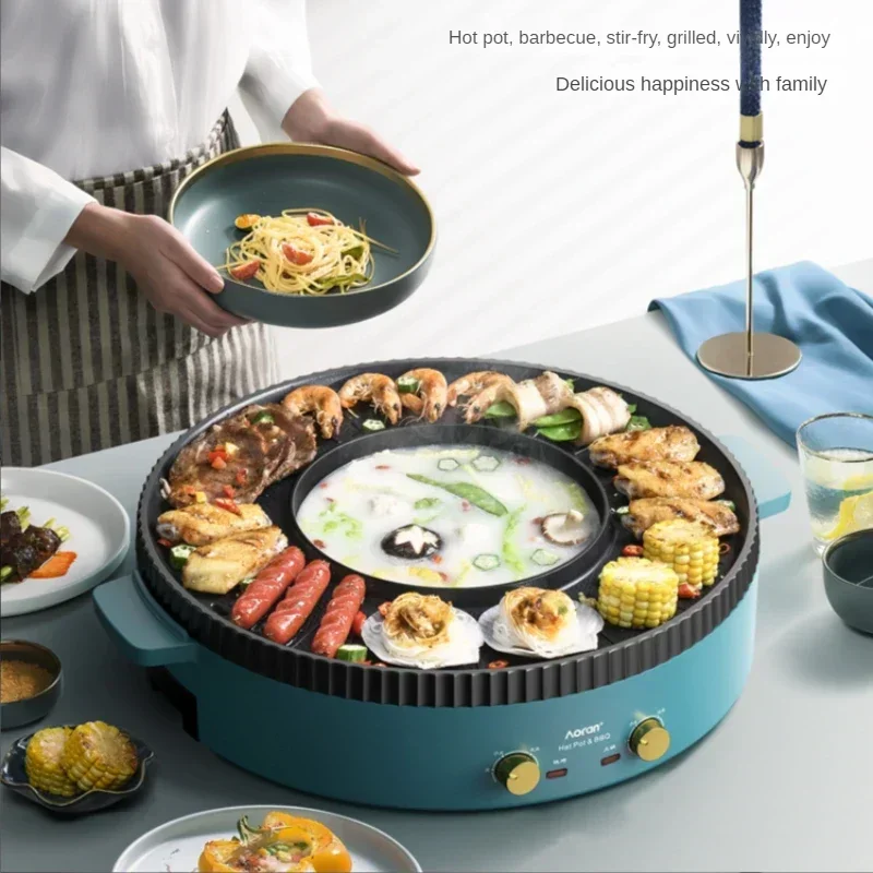 Electric Hot Pot BBQ 2 in 1 2200 W Double Separation Barbecue Grill  Household Hot Pot