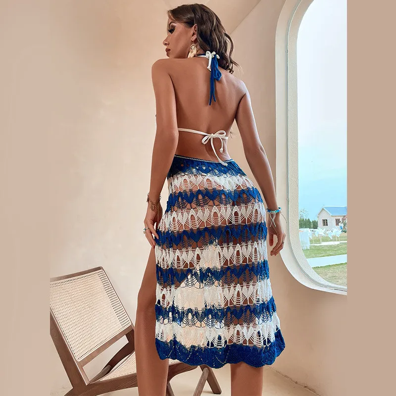 Sexy Halter Backless Crochet Cover Up Bikini Women Swimsuit Cover-up Bathing Suit Knit Swimwear Beach Bodycon Dress Tunic Robe