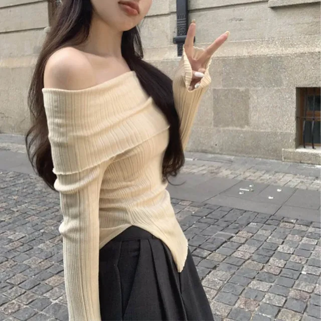 Women's Pullover Autumn Split Irregular Off Shoulder Top Black Long Sleeve Underlay Knitted Sweater For Women 2