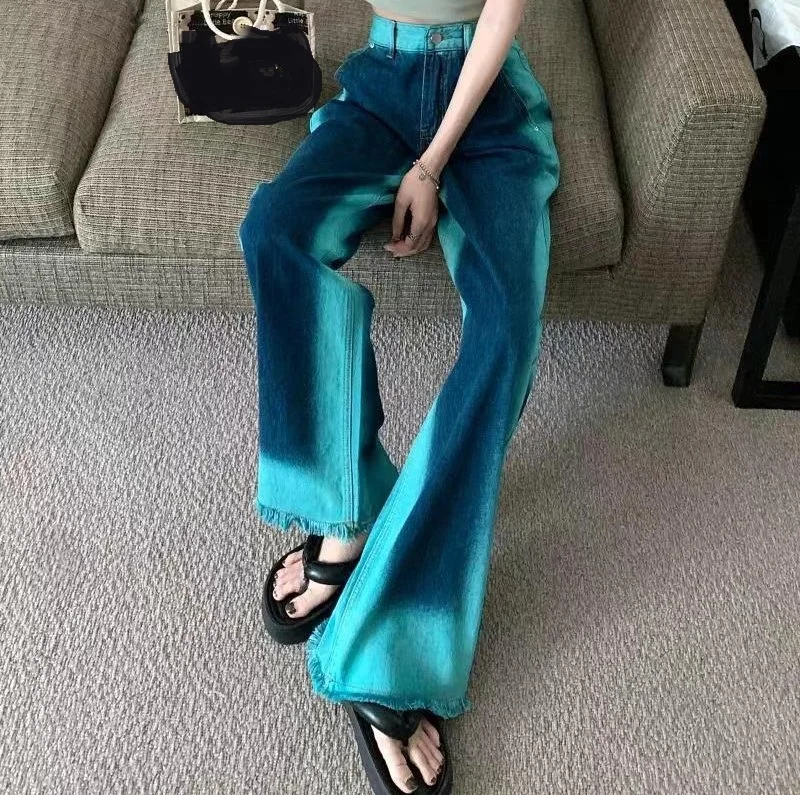 

American Retro Washed Jeans Pants for Women Fashion Gradient High Street Straight Pants Hip Hop Loose Hot Girl Wide Leg Trousers