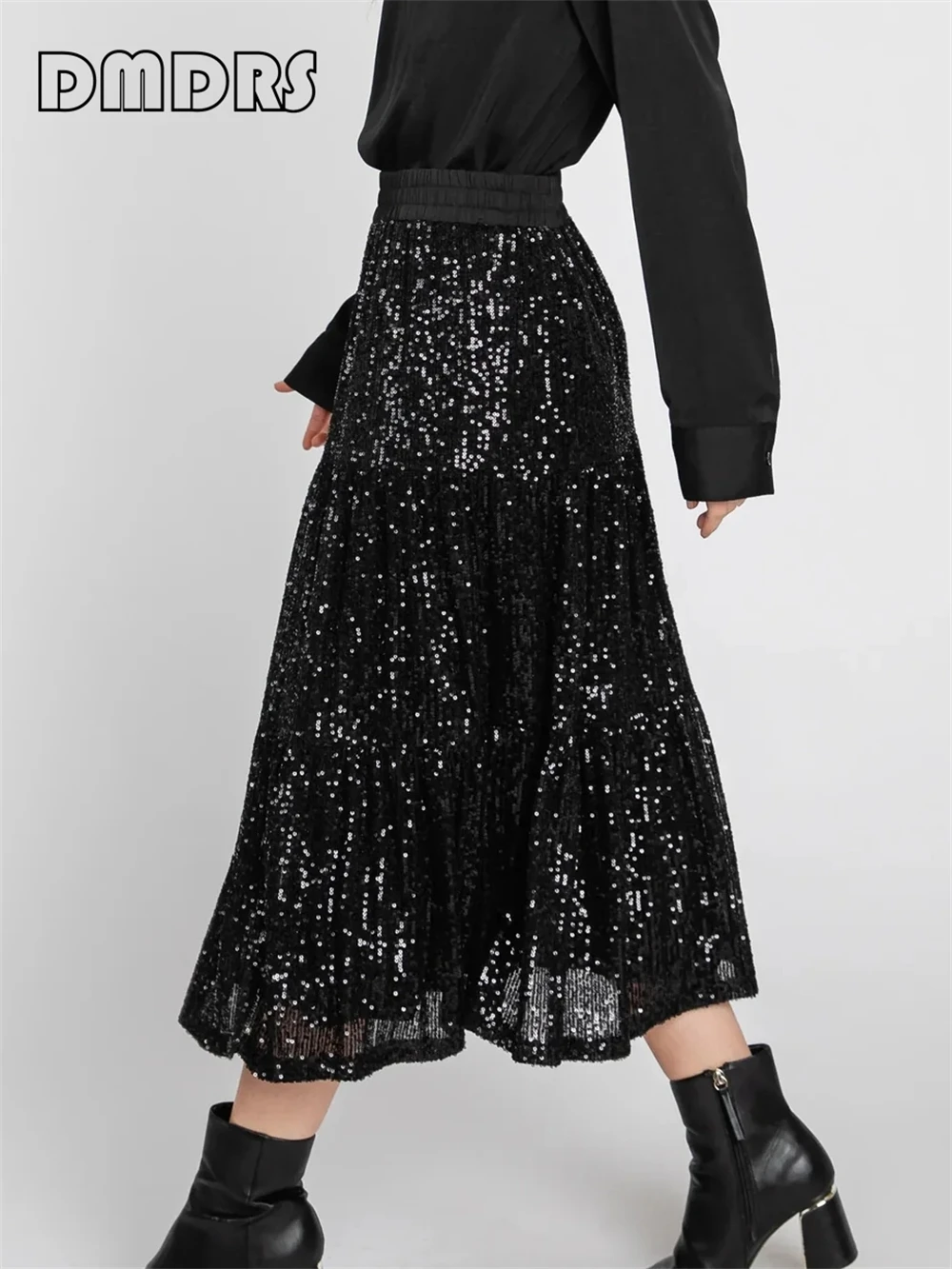 Sequin Tiered Midi Skirt For Women Black Lined Stretch Waistband Dress