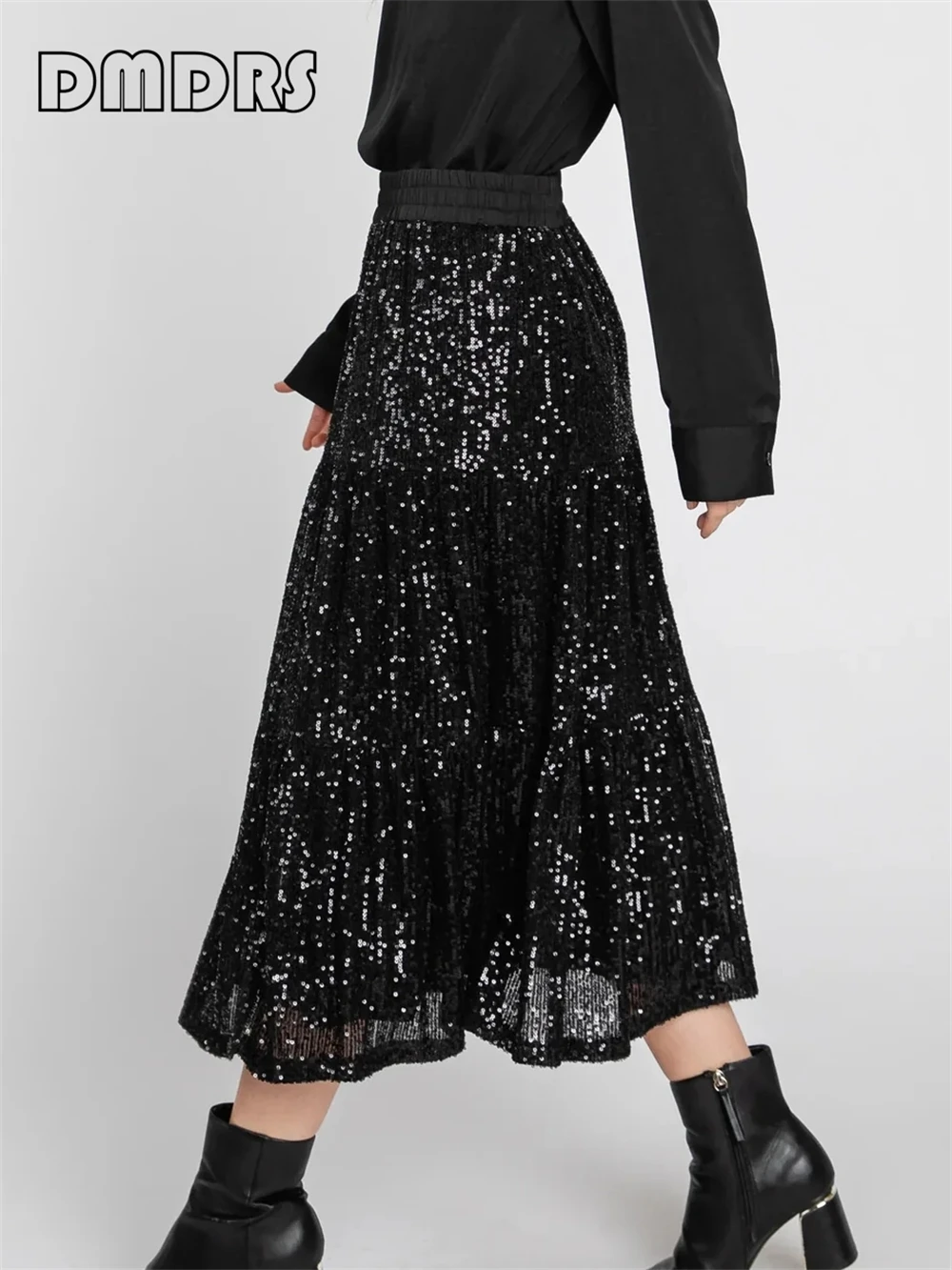 Sequin Tiered Midi Skirt For Women Black Lined Stretch Waistband Dress sequins set women 2023 casual fashion sexy club tassel dresses women s v neck shiny sequin fringe halter sleeveless skirt set