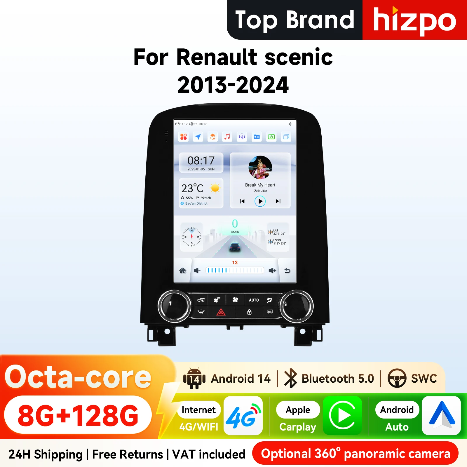 Hizpo 9,7 Zoll Android Auto Autoradio für Renault Scenic 2013–2024 Tesla Style Bildschirm RDS DSP GPS 4G WiFi BT CarPlay 360 ° CAM