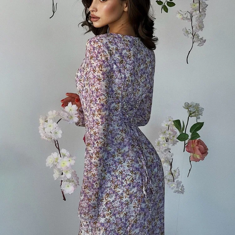 Elegant Printed Fashion Maxi Dress For Women Lace-Up Long Sleeve Party Dress High Waist Bandage Women's Bodycon Dress New