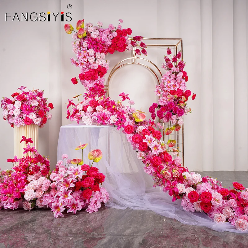 

Luxury Rose color Wedding Artificial Rose Runners Flowers Row Arrangement Table Centerpiece Flower Ball Party Scene Layout decor