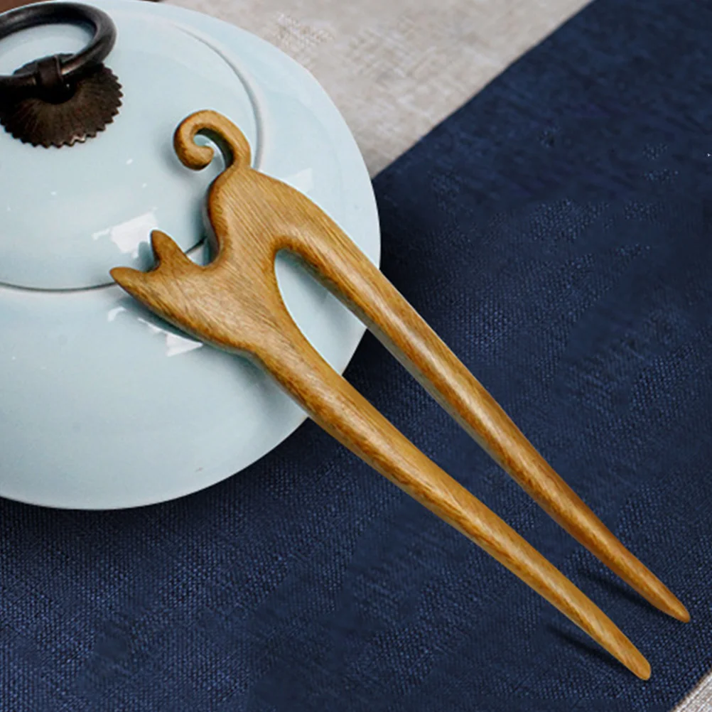 Cat Hairpin Wood Fork Stick Chinese Barrettes Japanese Decor Chopstick Girl Hanfu French Carved 3