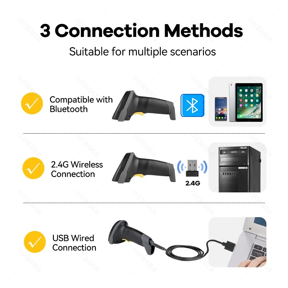 무선 Buetooth 바코드 휴대용 스캐너 휴대용 QR 코드 유선 USB 2D 바코드 리더 PDF417(베이스 포함)