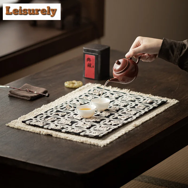 Embroidered Brocade Double-sided Tea Table Mats Ancient Tea Flag Drink Coaster Dinner Table Cloth Mat Chinese Tea Set Decoration