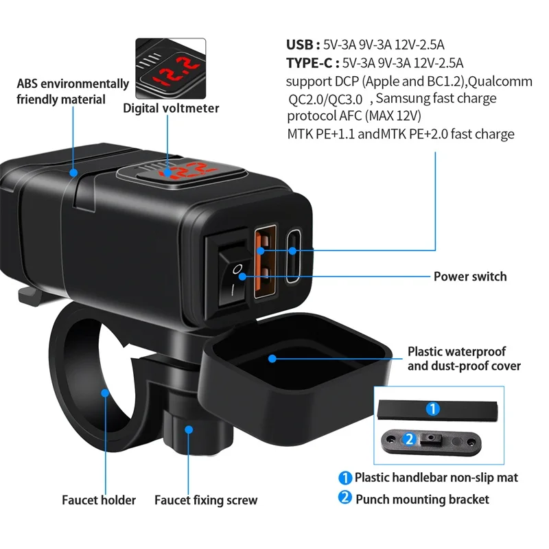 Voltmterquick Charge 3.0 6.4a Motorcycle Usb Charger With