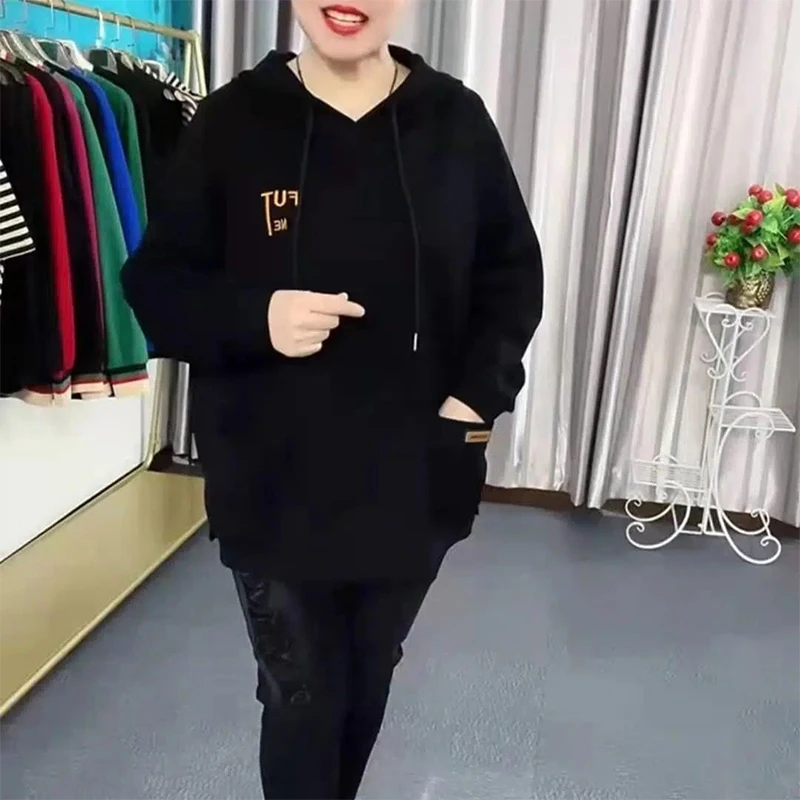 Autumn Winter Oversized Casual Fashion Embroidery Add Velvet Hoodies Female Loose All-match Top Women Thick Warm Hooded Pullover