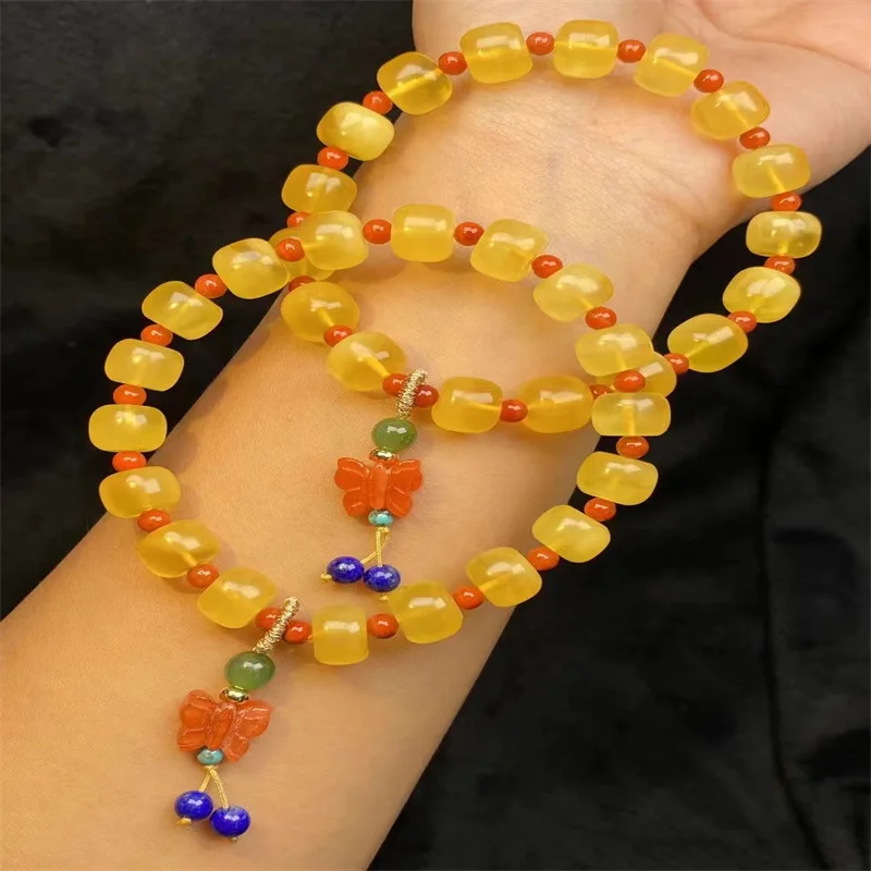 

Natural Beeswax Old-Shaped Bracelet Gold Twisted Honey with South Red round Beads Jasper Green Gold Accessories