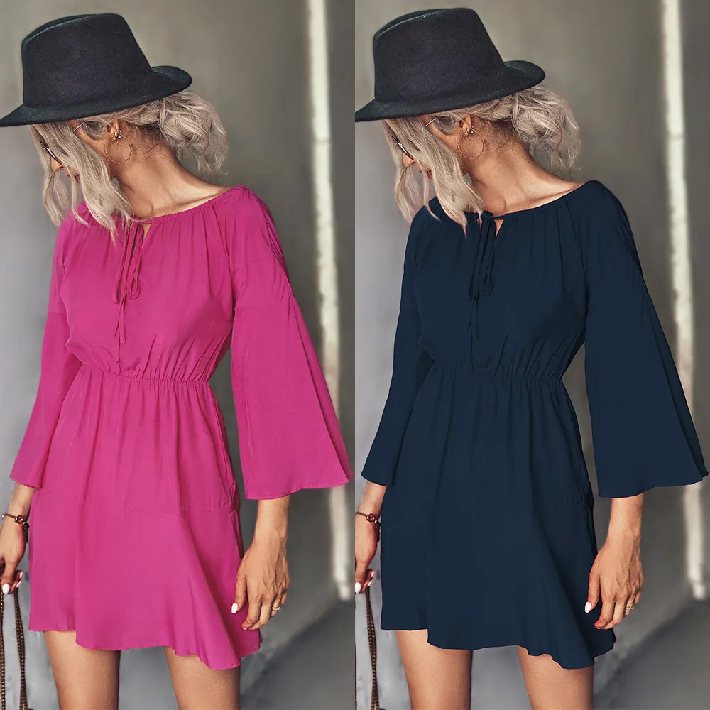 

Solid Color Flare Sleeve Dresses, Sexy Off Shoulder, Pleated Loose Party Dress, Elegant Slash Neck, Lace-up, Beach Dress