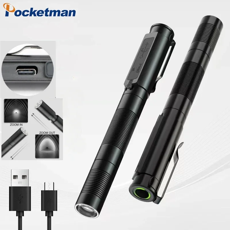 

Portable Pen Light High Lumen Zoom Rechargeable Pen Clip Flashlight Inspection Lights Mini Torch