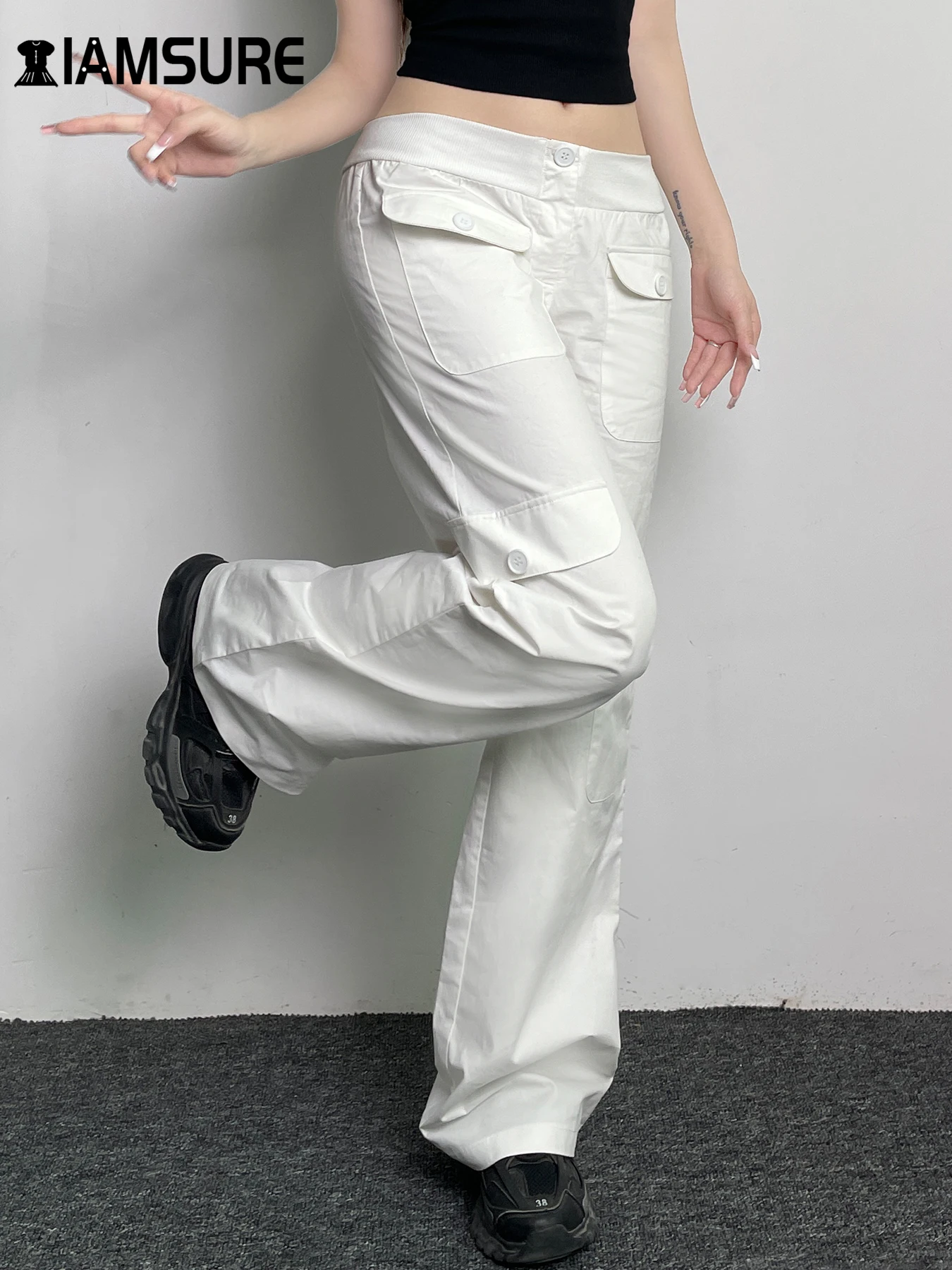IAMSURE Casual Low-Waisted Pockets Pants Safari Style Loose Big Pockets Wide Leg Pants Women 2024 Summer Fashion Streetwear Lady