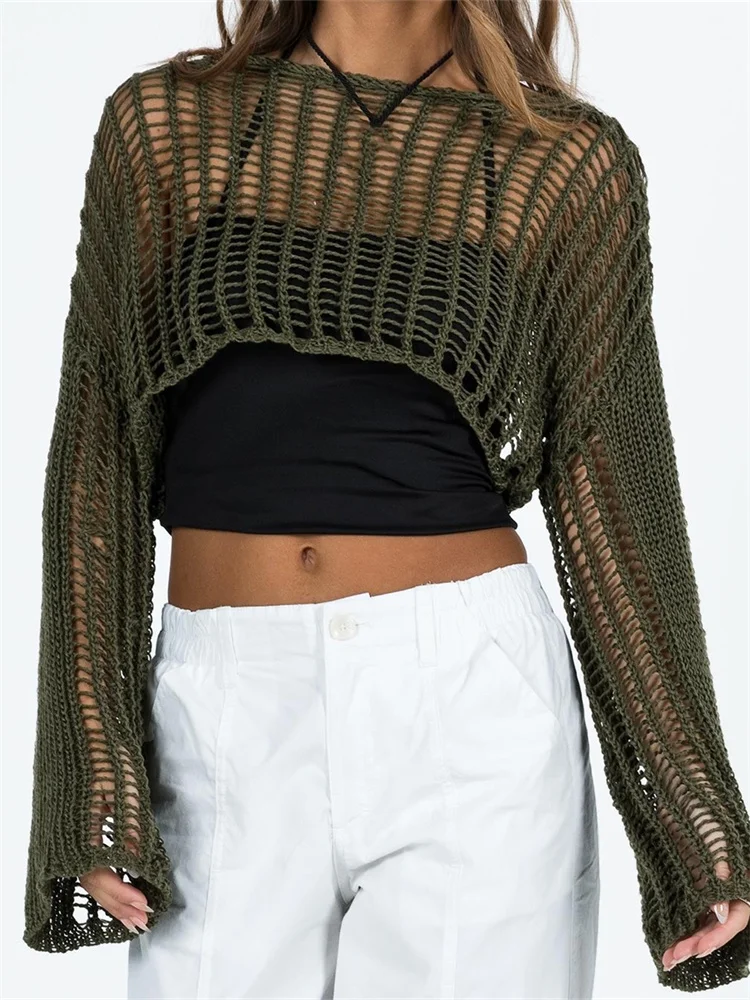 

CHRONSTYLE Women O-neck Y2K Knitted Jumpers Crop Tops Crochet Hollow Out Long Sleeve Loose Casual Pullovers Sweaters Streetwear