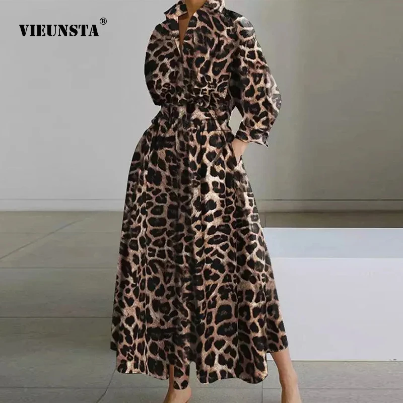 

Fashion And Elegant Leopard Print Medium Length Dresses Spring 2023 New Polo Button Waist Large Swing Long Sleeve Casual Dresses