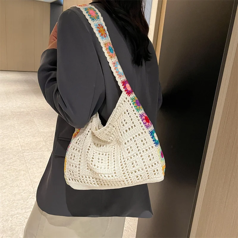 Large Capacity Fashion Cut-out Boho Tote Bag Trendy Floral Crochet Handmade Knitted Bag Vintage Multicolor Hollow Out Handbag