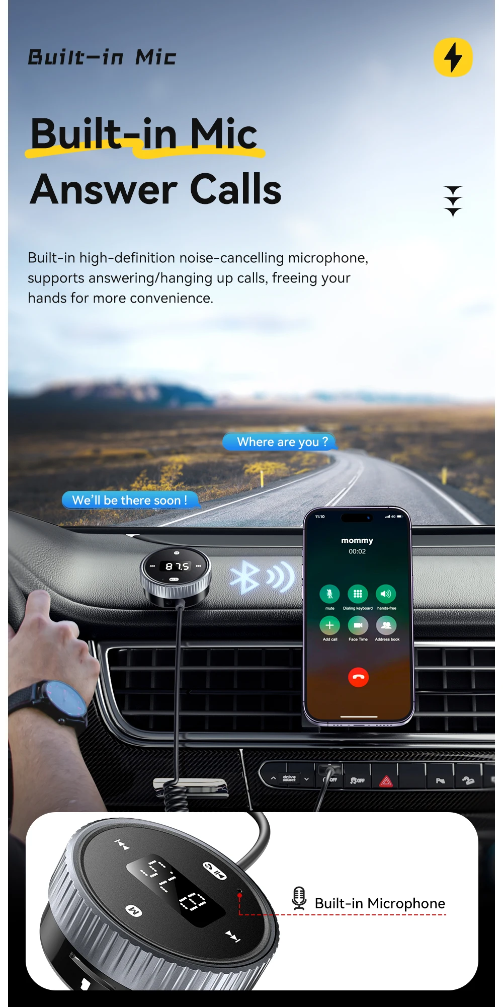 Car Bluetooth 5.3 FM Transmitter Built-in Mic Handsfree LED Display 3.5mm AUX Ad