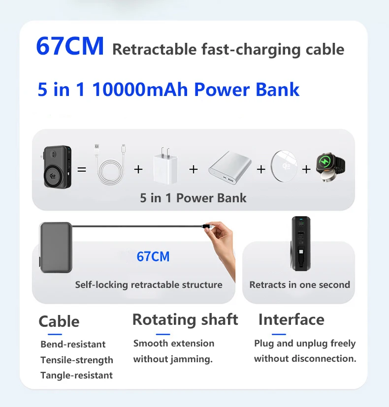 Solid-state Battery Qi2.2 25W Magnetic Wireless Power Bank PD65W Fast Charger for iPhone 17 iWatch Laptop Powerbank with AC Plug