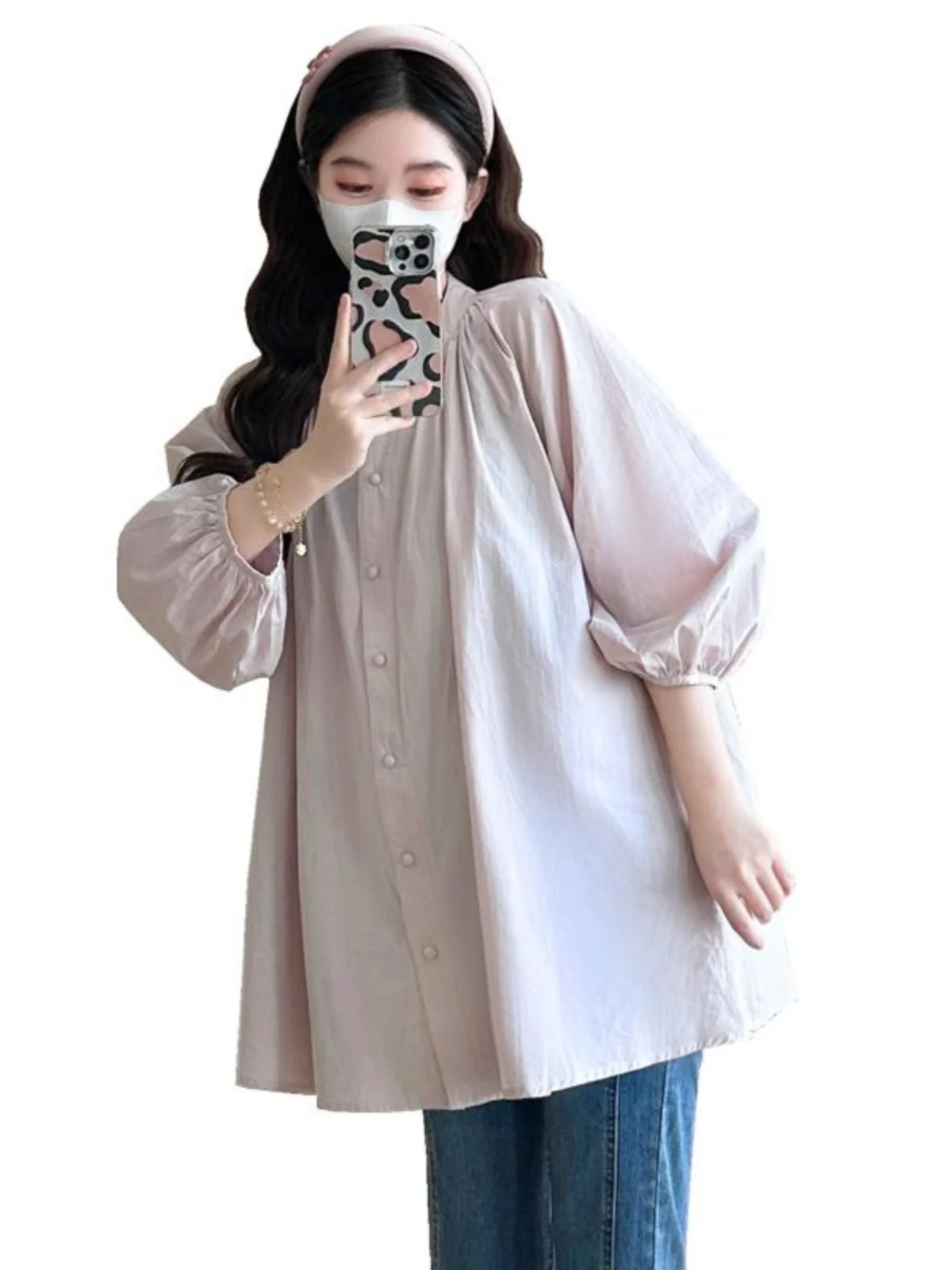 임산부 셔츠 봄 가을 유행하는 루즈핏 배 가리개 인형 드레스 긴팔 V넥 순면 기본 포장