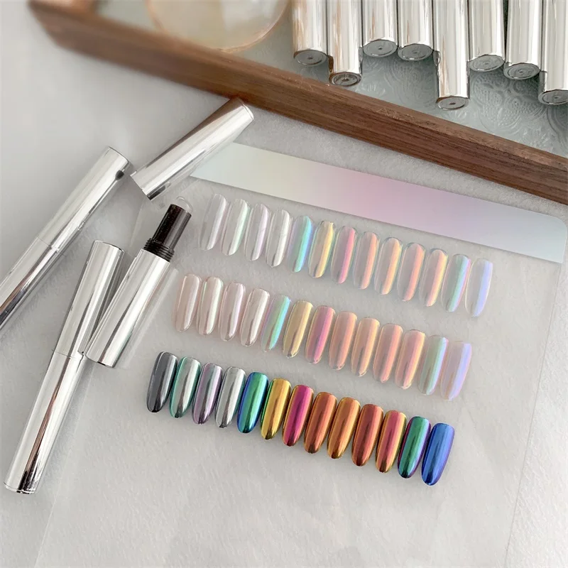 HNDO New Aurora Powder Air Cushion Magic Pen Silver Tube Mirror Chrome Effect for Nail Art Decoration Iridescent Pigment