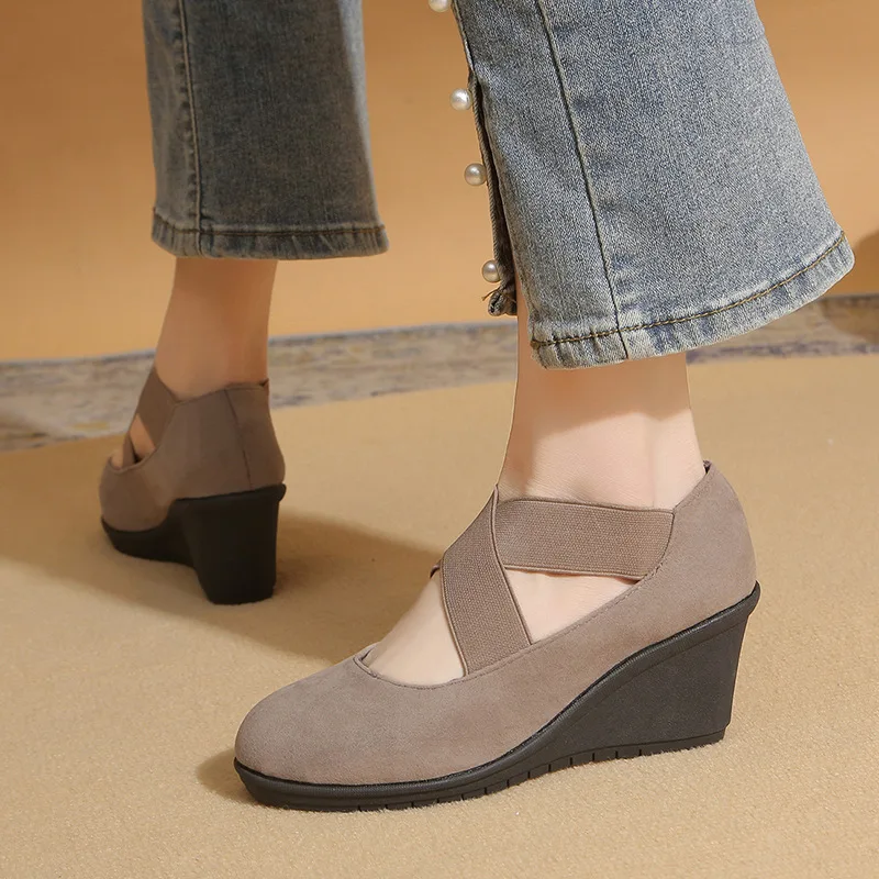 

2024 Spring Autumn New High Heels Elegant Wedge Shallow Mouth Single Shoes Outdoor Round Toe Light Shoes Women Zapatos De Mujer