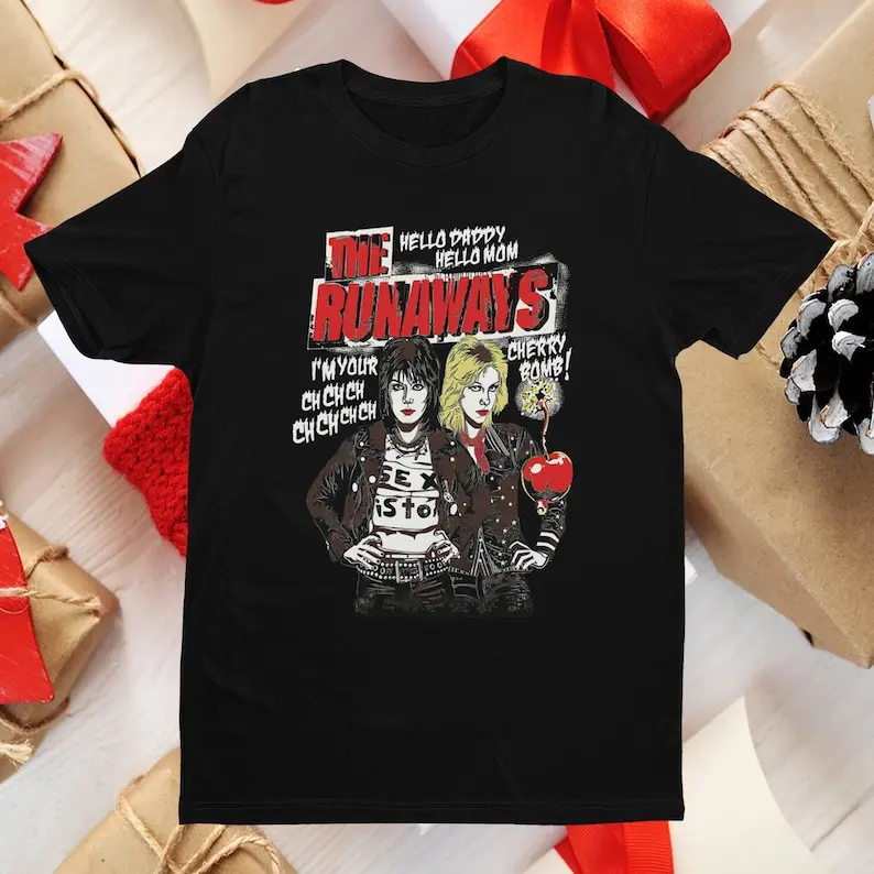 

Vintage Graphic The Runaways Black Short Sleeve Crewneck Unisex T-Shirt, Joan Jett Shirt, Vintage Cherry Bomb Shirt
