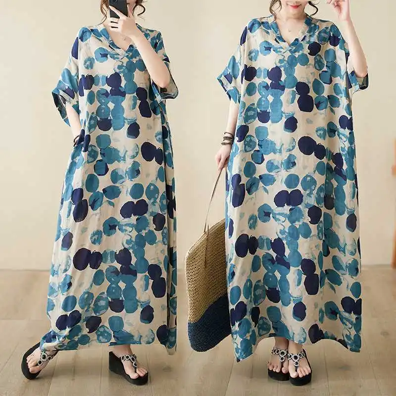 

Vintage Dot Print Dresses Plus Size Summer Women's Dress Short Sleeves V-neck Loose Maxi Dress