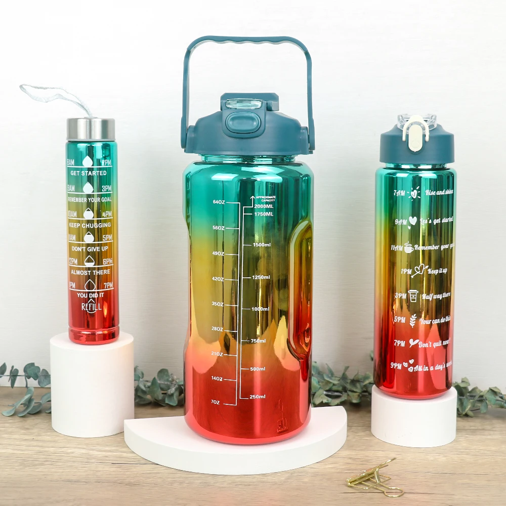 Set of 3 Leak-Proof Electroplated Gradient Water Bottles with Straws and Time Markers - Ideal