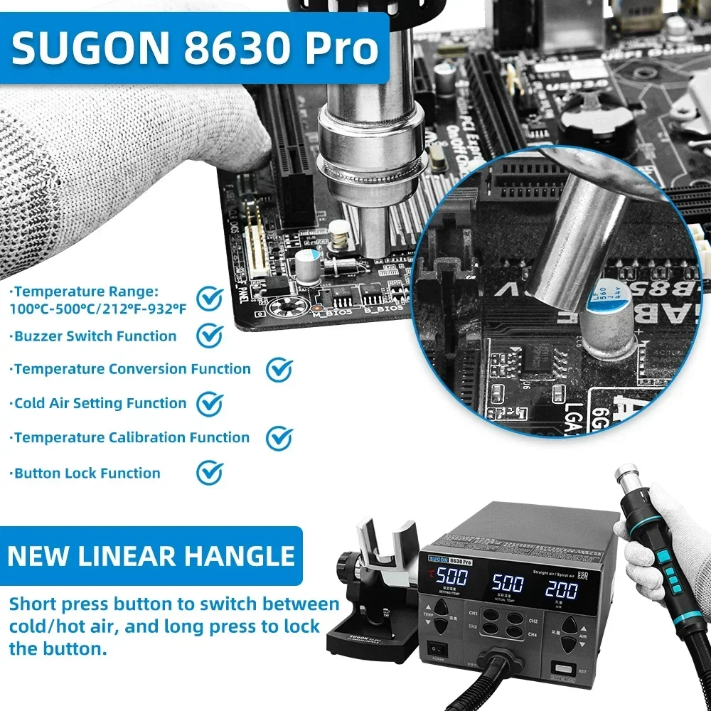 2024 SUGON 8630Pro 1300W Hot Air Gun Digital Display BGA Rework Curved Nozzle Welding Repair Desoldering Station 3