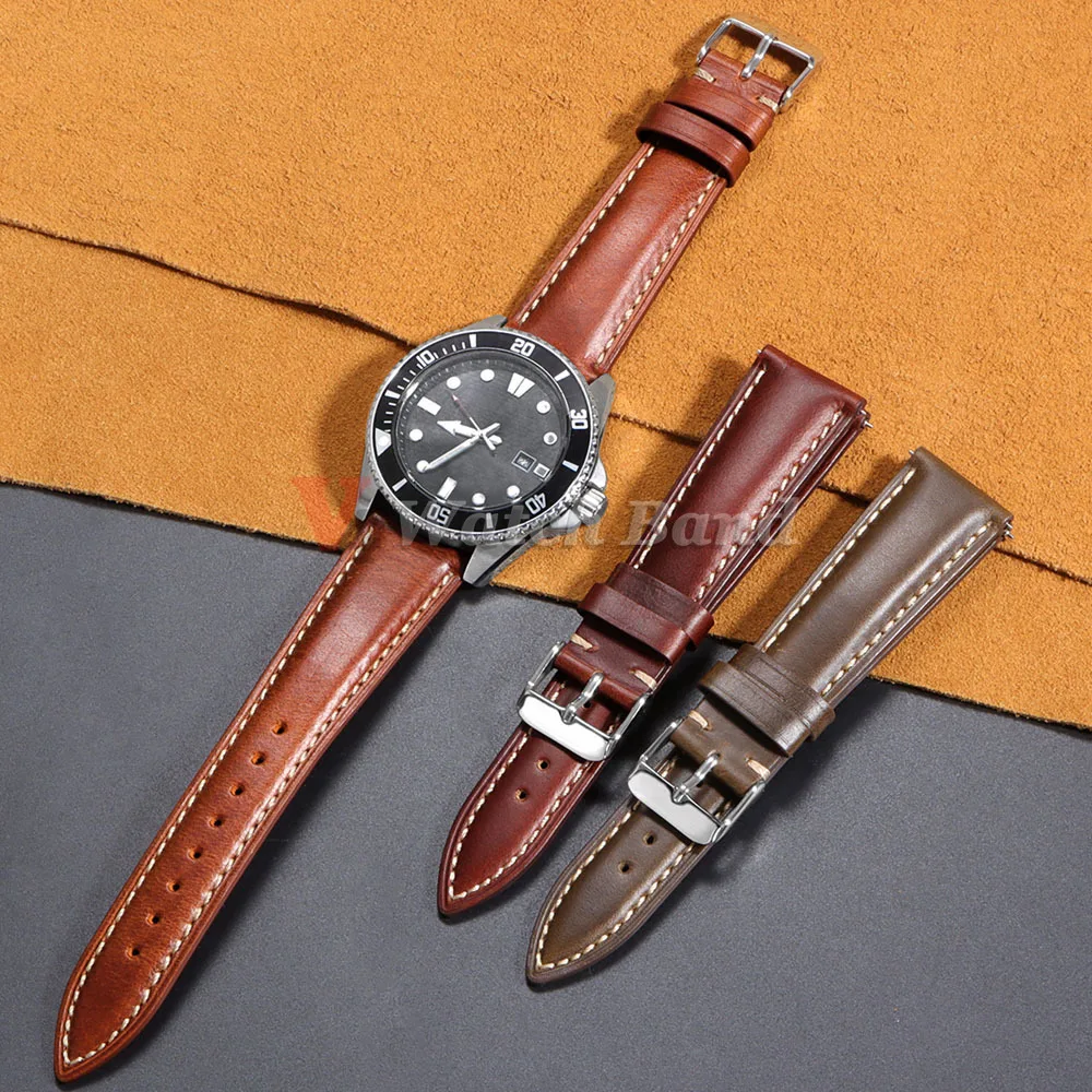 Premium Top Grain Brown Leather Watch Strap with Stainless Steel Buckle