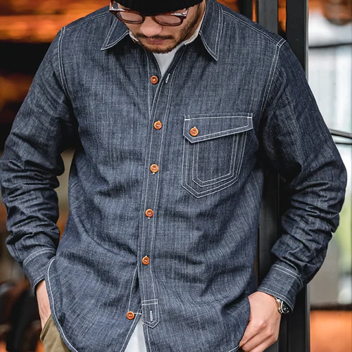 Maden 남성 청바지 인디고 씻어 솔리드 워크 셔츠 Selvedge 청바지 셔츠 데님 셔츠 긴 소매 셔츠 자켓 빈티지 탑 의류 3