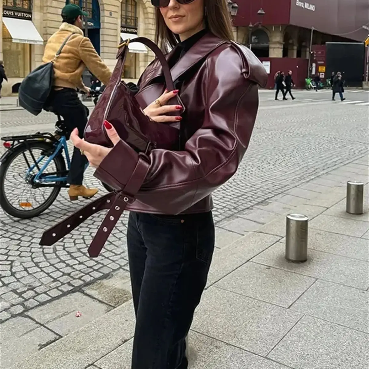 Fashion Lapel Leather Jacket 2024 Autumn Winter Women's