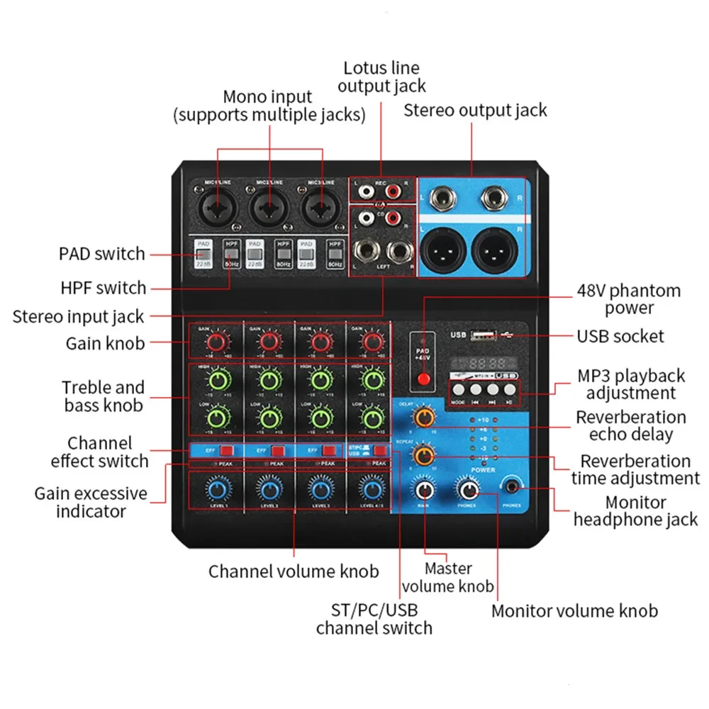 HD Audio 5 Channel Sound Mixer Portable Console Computer Input 48v Power Live Broadcast Sound Audio Mixer