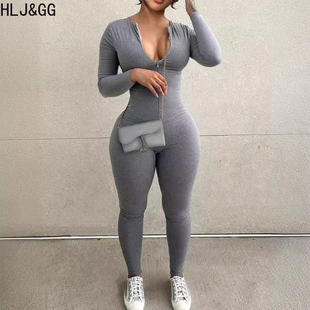 

HLJ&GG Casual Solid Sporty Jumpsuits Women Deep V Long Sleeve Slim Zipper Playsuits Spring New Female Bodycon One Piece Overalls