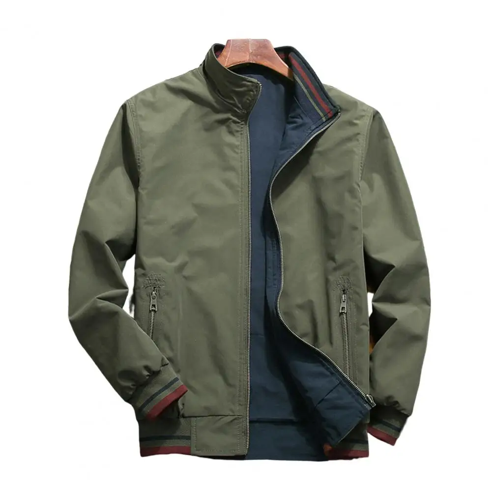 

Men Jacket Lapel Zipper Pockets Autumn Winter Windproof Outerwear Ribbed Cuff Coat