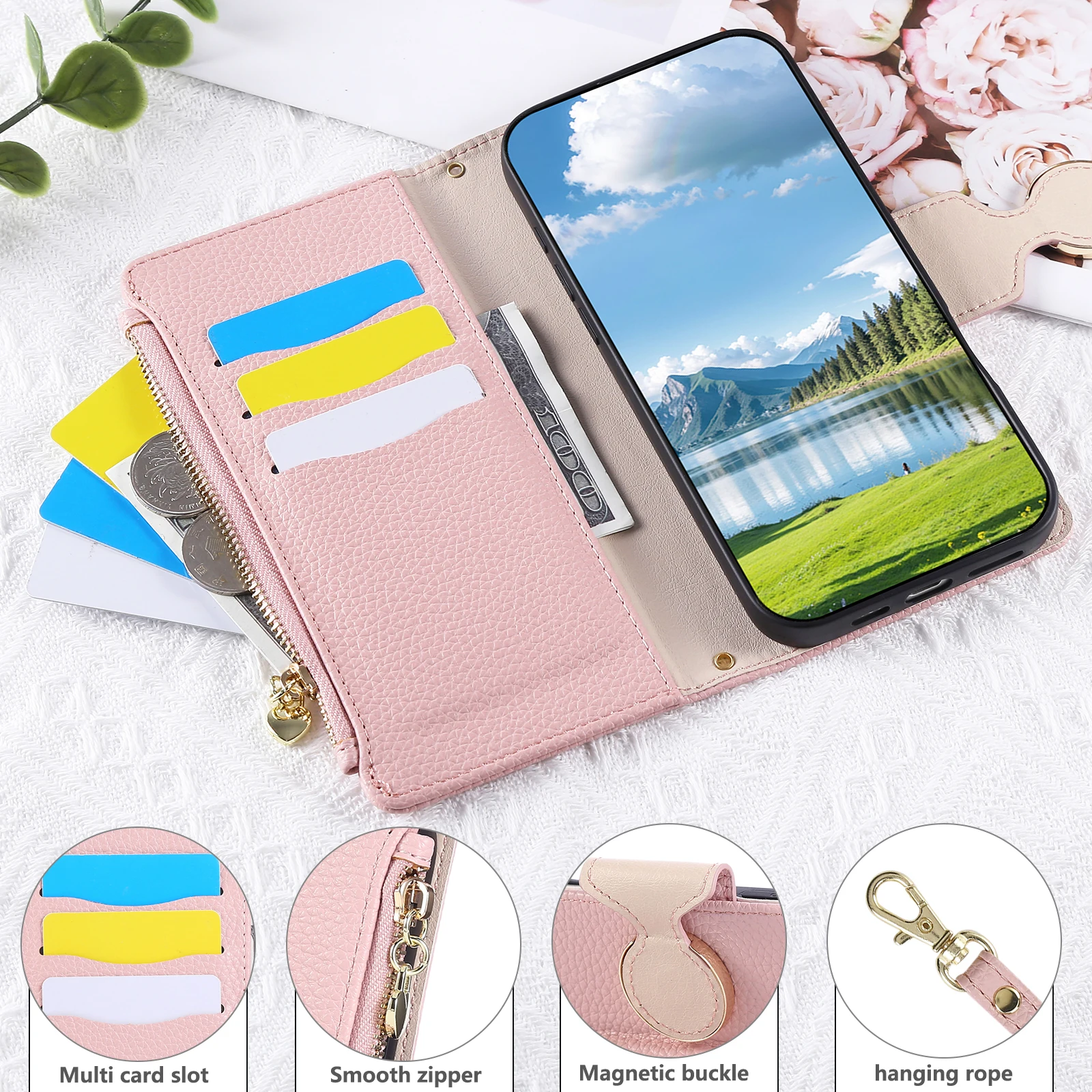 Crossbody Leather Wrist Strap Wallet with Card Holder Phone Case Cover