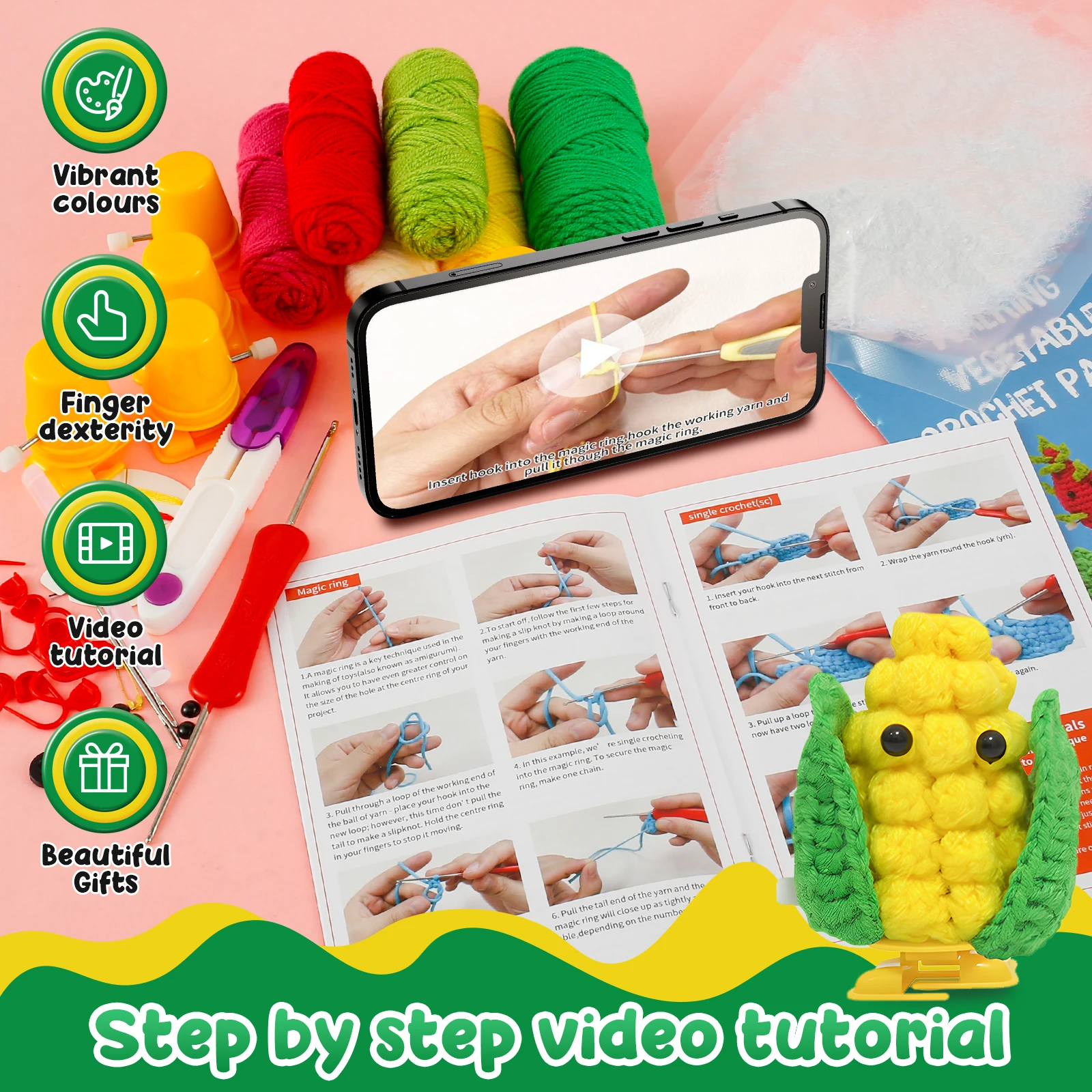 5Pcs Crochet Hooks Kit for Beginners Adults DIY Knitting Crochet Bags Kit Adorable Vegetables Starter 6 Colors Yarns