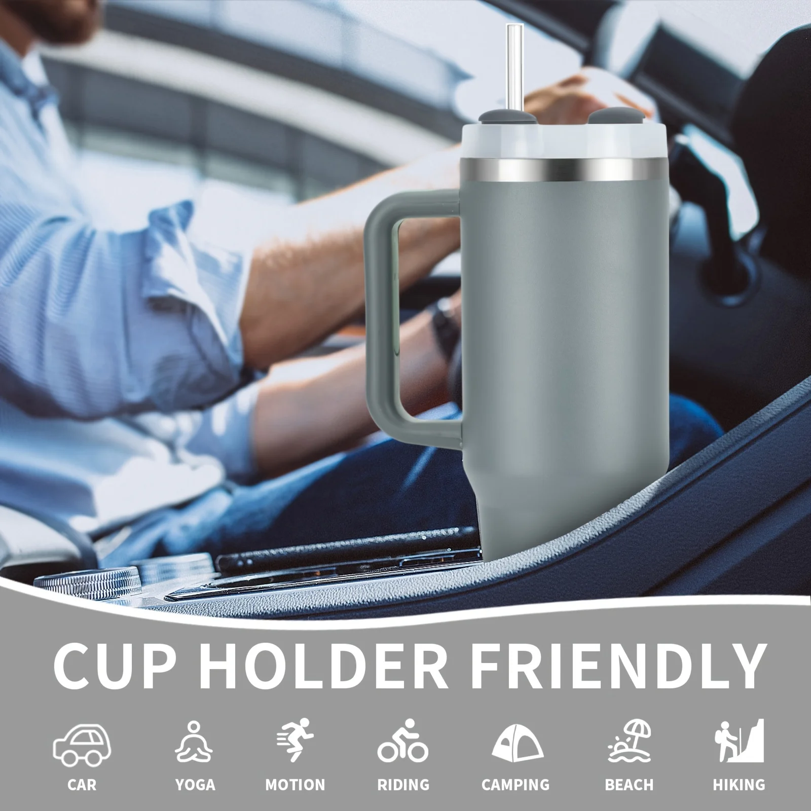 40oz Stainless Steel Car Cup Large Capacity Water Cup with Handle and Straw Double-walled Insulated Travel Mug Holiday Gifts