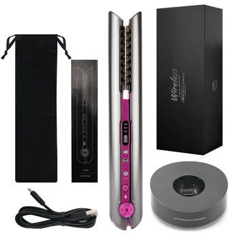 전문 헤어 스트레이트너 세라믹 플랫 아이언 스트레이트닝 컬링 아이언, USB 충전식 헤어 컬러, 무선 스트레이트너