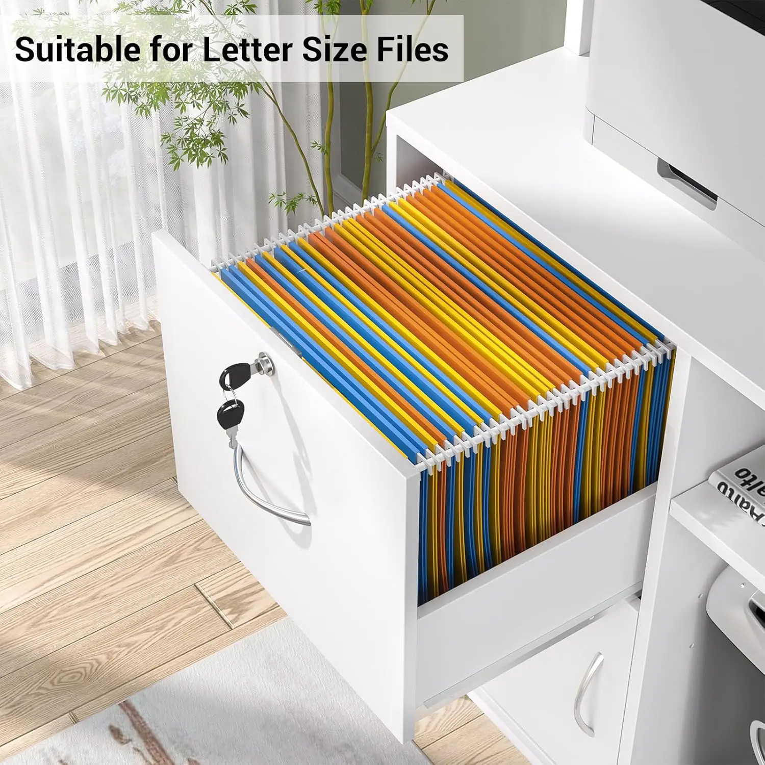 Vertical Filing Cabinet with Lock & Charging Station, Large Drawer Wood File Cabinet with Bookshelf