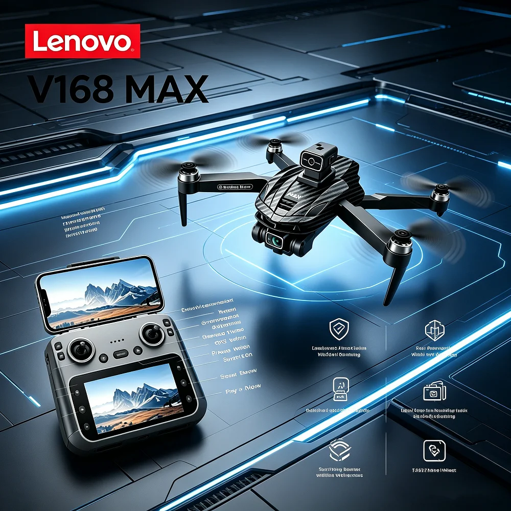 Drone Professionale Lenovo V168 MAX GPS 4K con Tre Telecamere, Angolo Ampio 8K, Localizzazione Ottica, Evitamento Ostacoli a Quattro Vie, Quadricottero