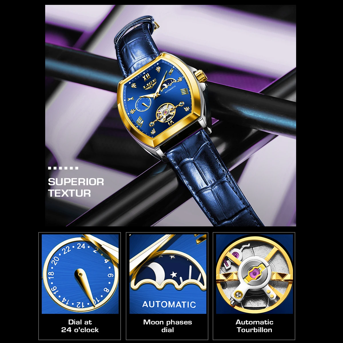 LIGE Luxury Mens Rectangular Dial Mechanical Watches Waterproof Leather Automatic Luminous Watch Business Men relogios masculino 6