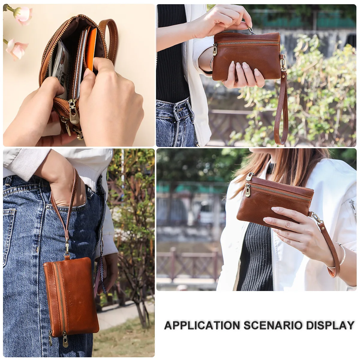 Dual-purpose Leather Key Case with Wrist Strap Multi-functional Hand-held Trendy Key Storage Coin Purse Men's and Women's Coffee