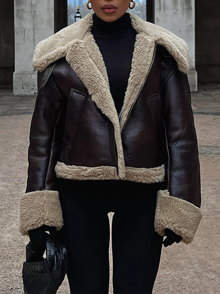 

LY VAREY LIN Winter Women Thick Vintage Faux Leather Jacket Lady Casual Zipper Warm Lambswool Biker Coat Female Short Outwear
