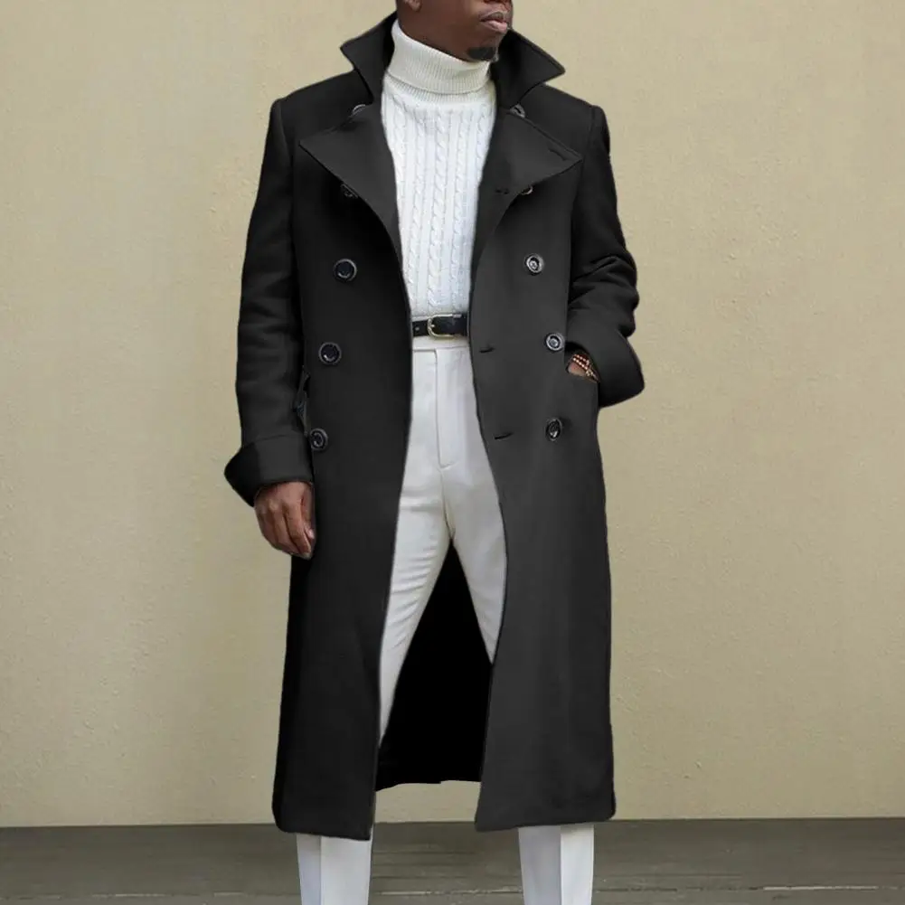 

Solid Color Coat Button-up Coat Stylish Men's Double-breasted Trench Coat Mid Length Windproof Thick Versatile Jacket for Fall